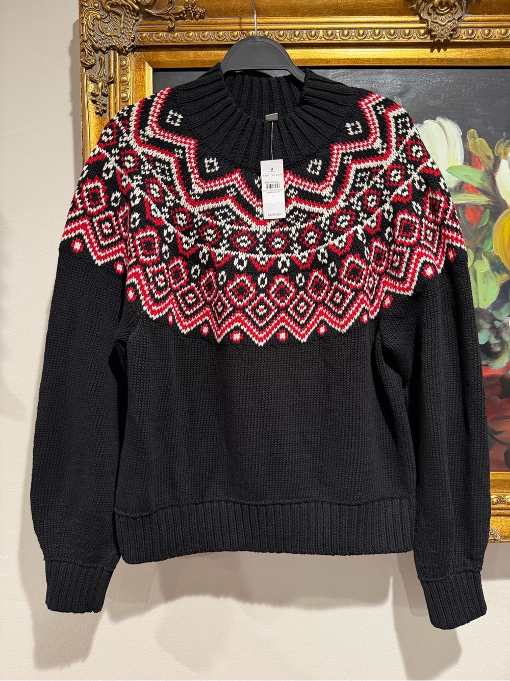 Ann Taylor Black Crewneck Sweater with Red & White Fair Isle Yoke